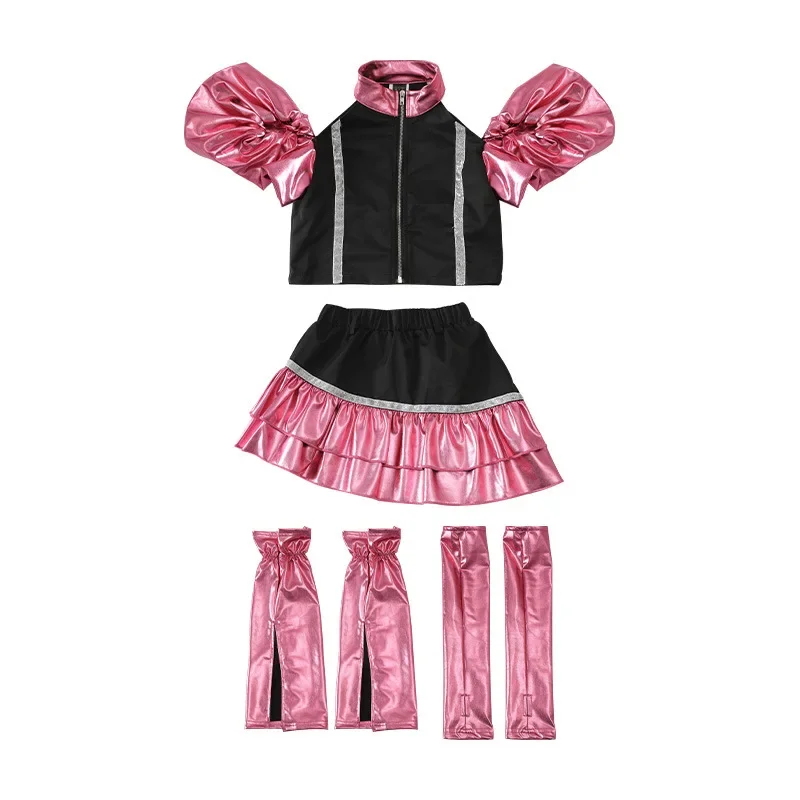Abbigliamento alla moda per danza jazz da ragazza con pelle lucida, costumi da passerella per danza jazz di gruppo di ragazze alla moda