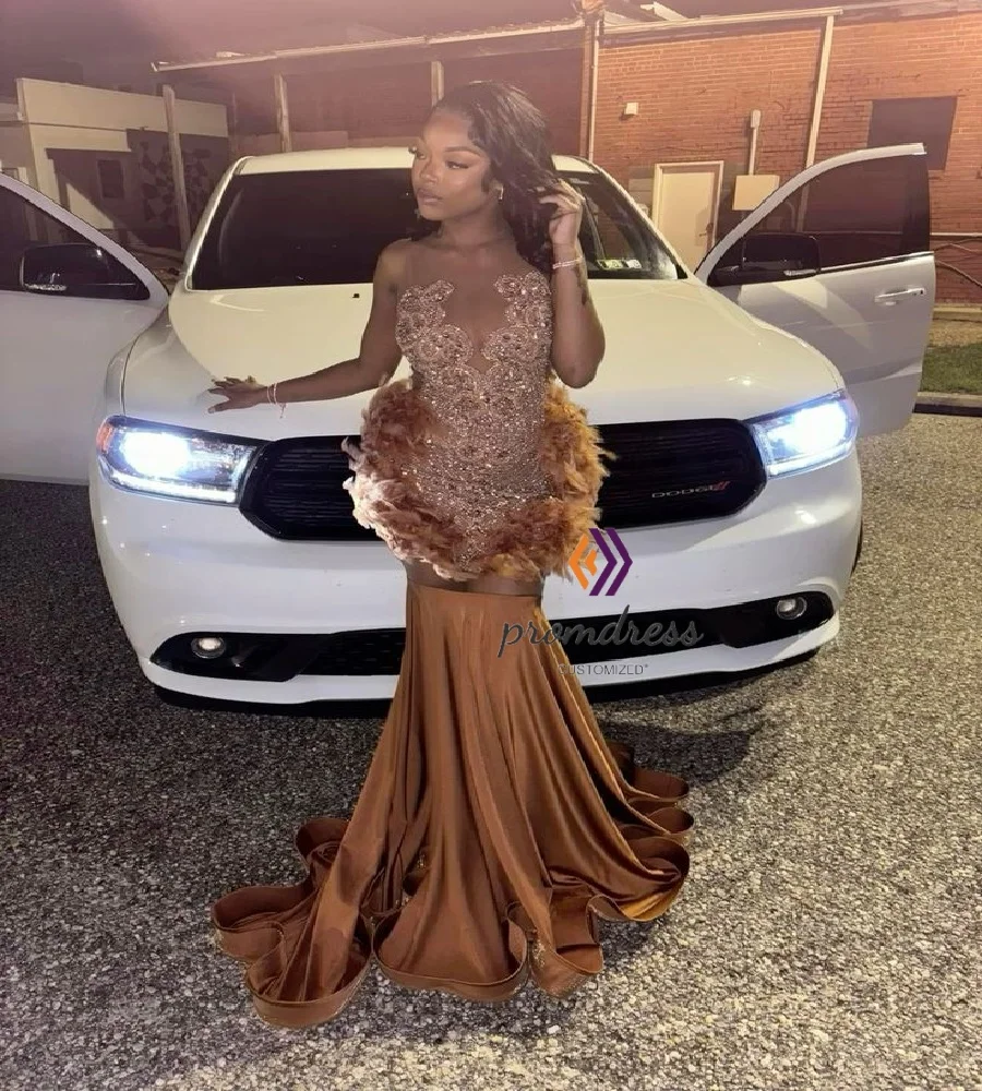 깃털 라인 석 다이아몬드 인어 블랙 여성 이브닝 드레스 등이없는 정장 가운과 고급스러운 낙타 탄 댄스 파티 드레스 사용자 정의