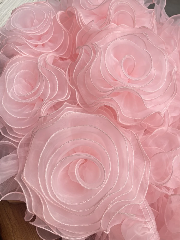 Customized 12-15cm handmade big flower organza pink wedding dress flower applique Accessories SC836