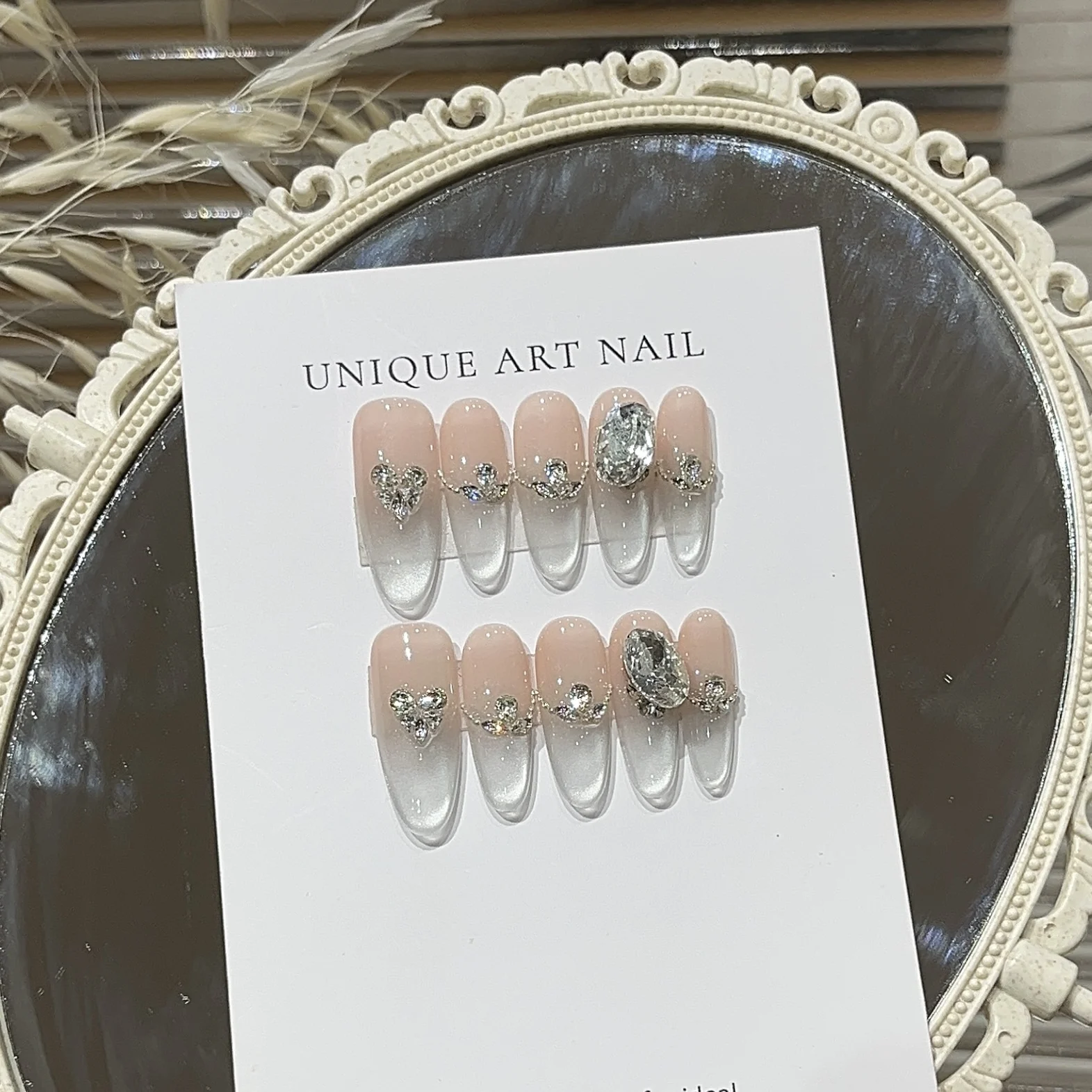 

10Pcs Long Oval Press On Nails Handmade Round Head Nail Stickers Nude Pink Glitter Rhinestone Transparent French Manicure Sets