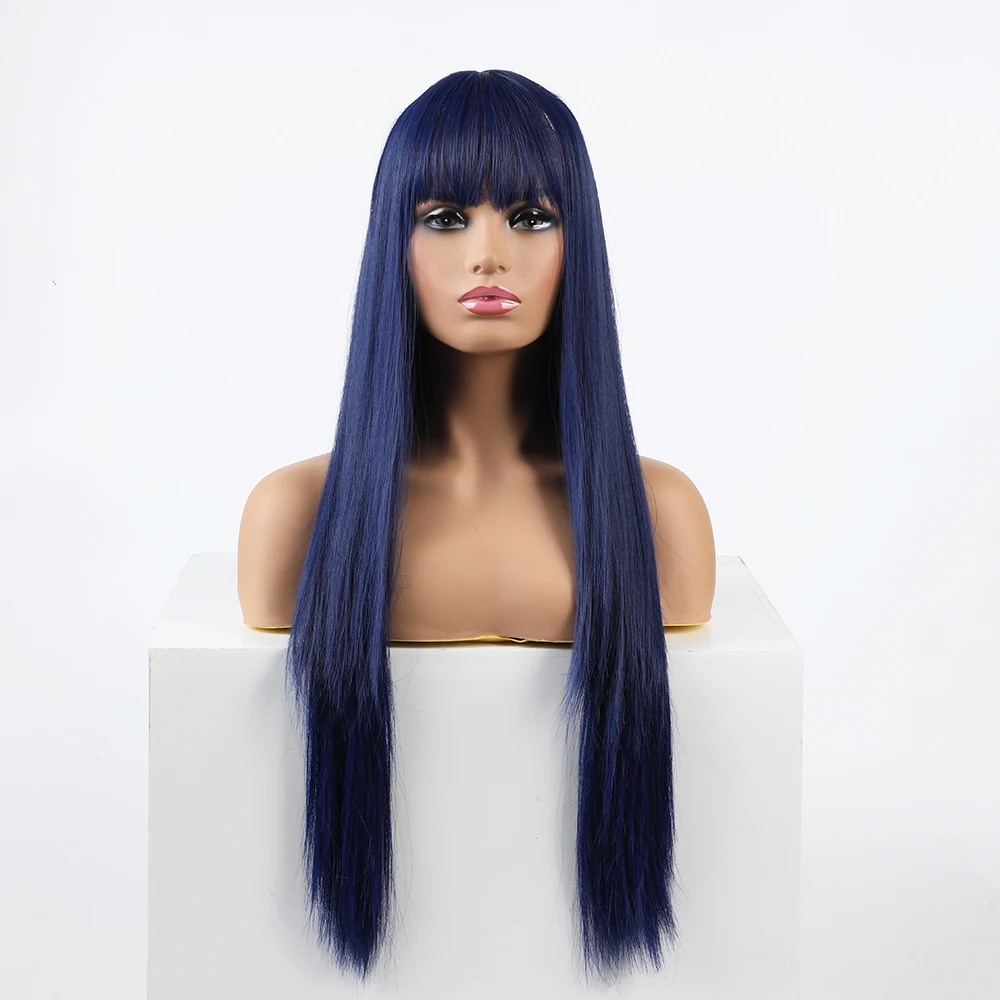 SuQ Synthetic Replacement Hair Wig With Bangs Blue Color Heat Resistant  Wigs for Fashion Women