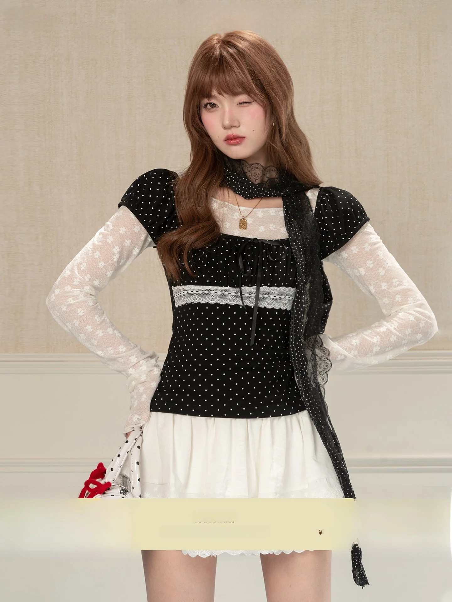 

Женская футболка Heynew Premium Polka Dot Color Blo с квадратным воротником и коротким рукавом, весенняя, свободная, универсальная, для многослойных образов