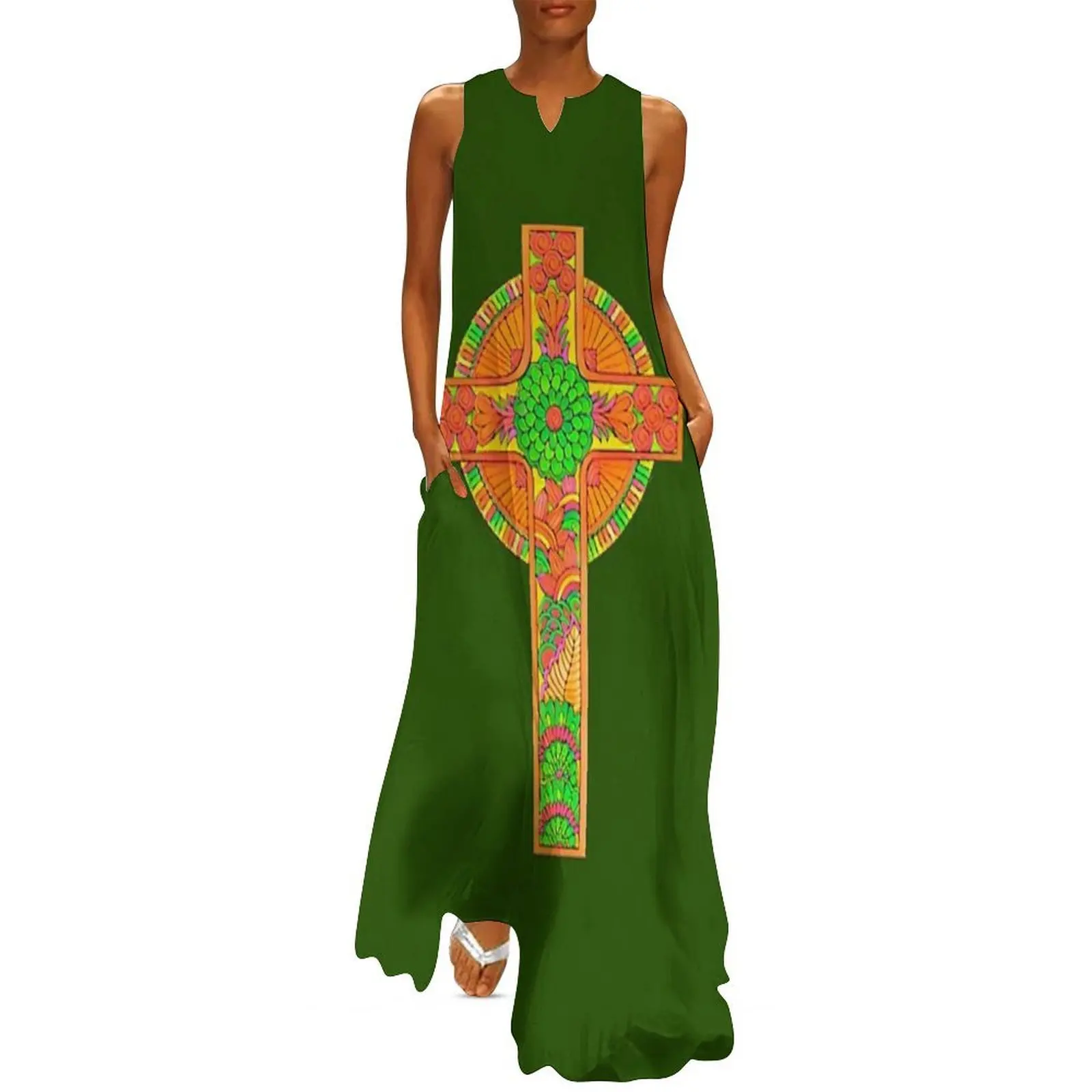 

Green and Orange Celtic Cross Long Dress womans clothing ceremony dresses Aesthetic clothing dresses for womens
