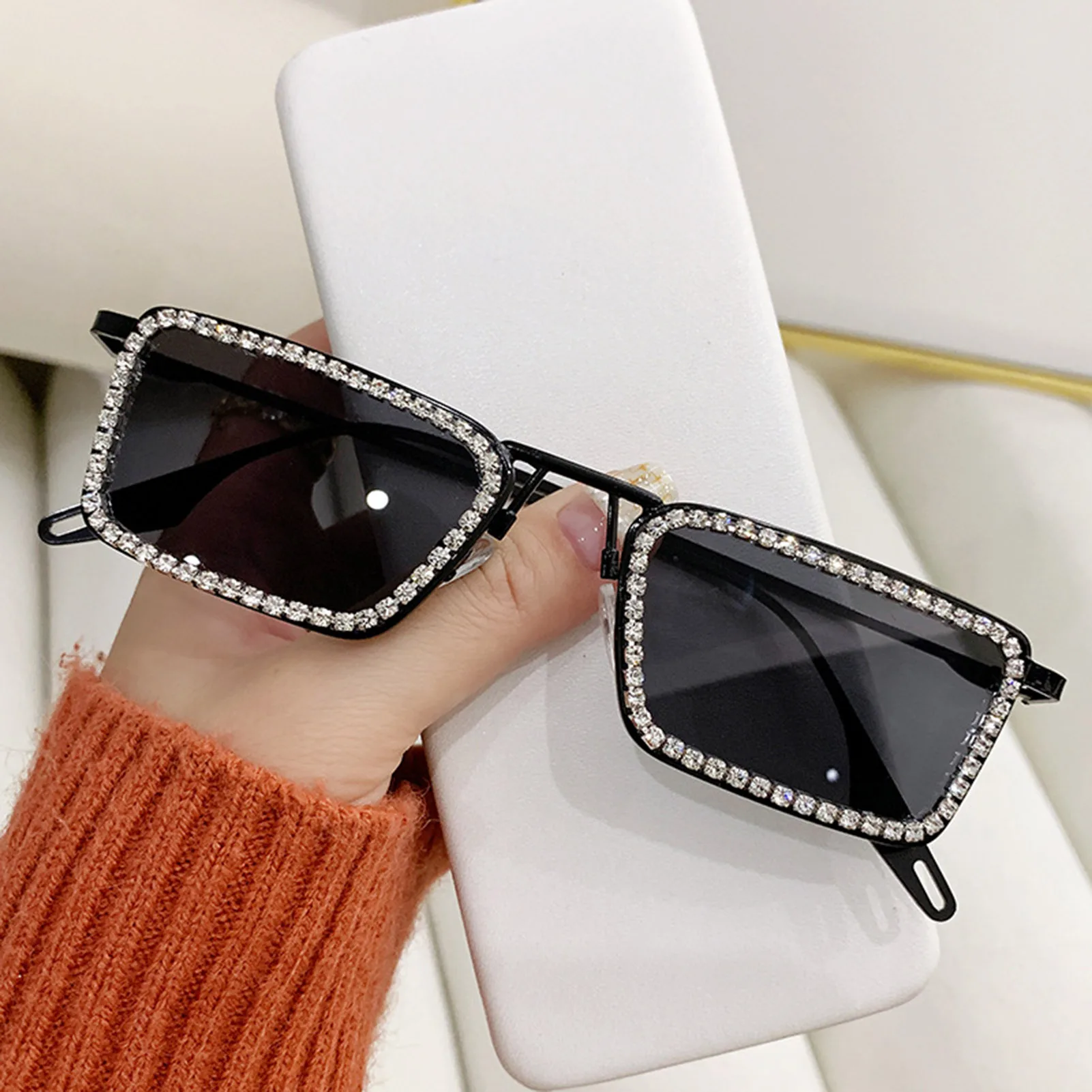 Square Sparkling Sunglasses Vintage Square Metal Frame Diamonds Sunnies Shades for Outdoor & Party Dress