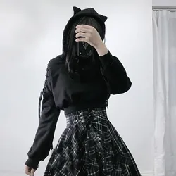 Women's Clothes Solid Color Gothic Hoodies Long Sleeveless Cute Cat Ear Hooded Pullover Lace Up Hollow Out Lace Up Sweatshirt