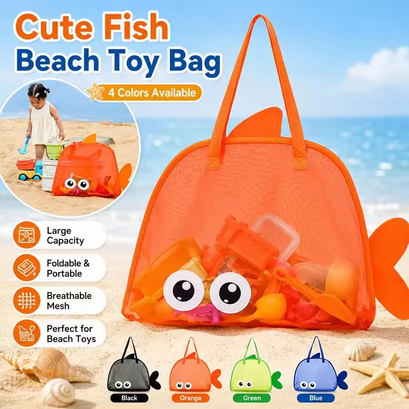 Cartoon Kids Mesh Beach Bag Large Capacity Foldable Sand Toy Storage Tote Lightweight Swim Pool Bag for Gym Travel Camping