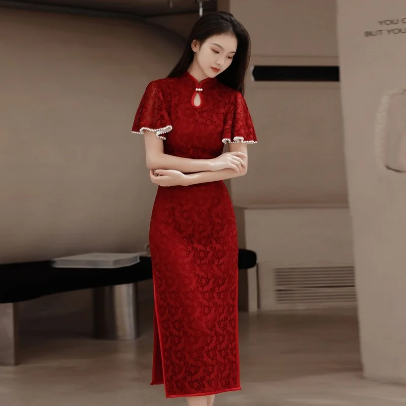 

Cheongsam Dress Modern 2022 Chinese Trational Red Lace Cheongsams Qipao Vintage Oriental Wedding Party Women Dresses