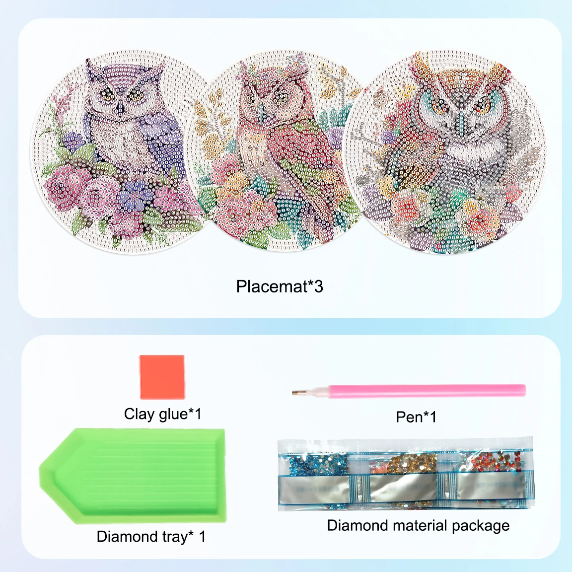 3 stuks Diamond Art schilderij placemat kit, kleurrijke uil diamant ronde placemats ambachtelijke placemats tafel keuken voor Home Decor Gift