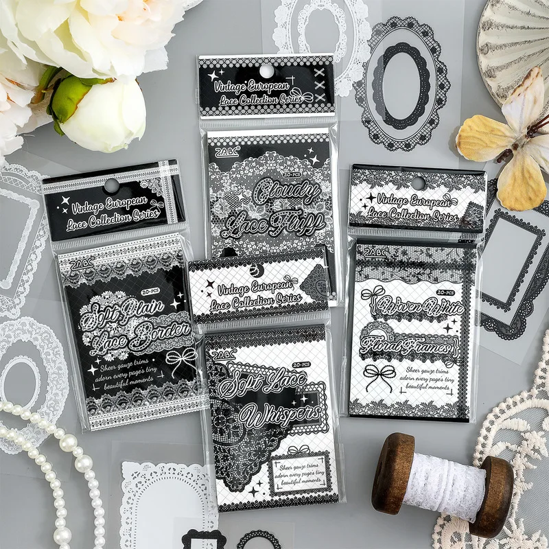 20Pcs Lace Holiday Theme PET Sticker Pack Retro European Lace Decals for Diary Planner Handmade Crafts