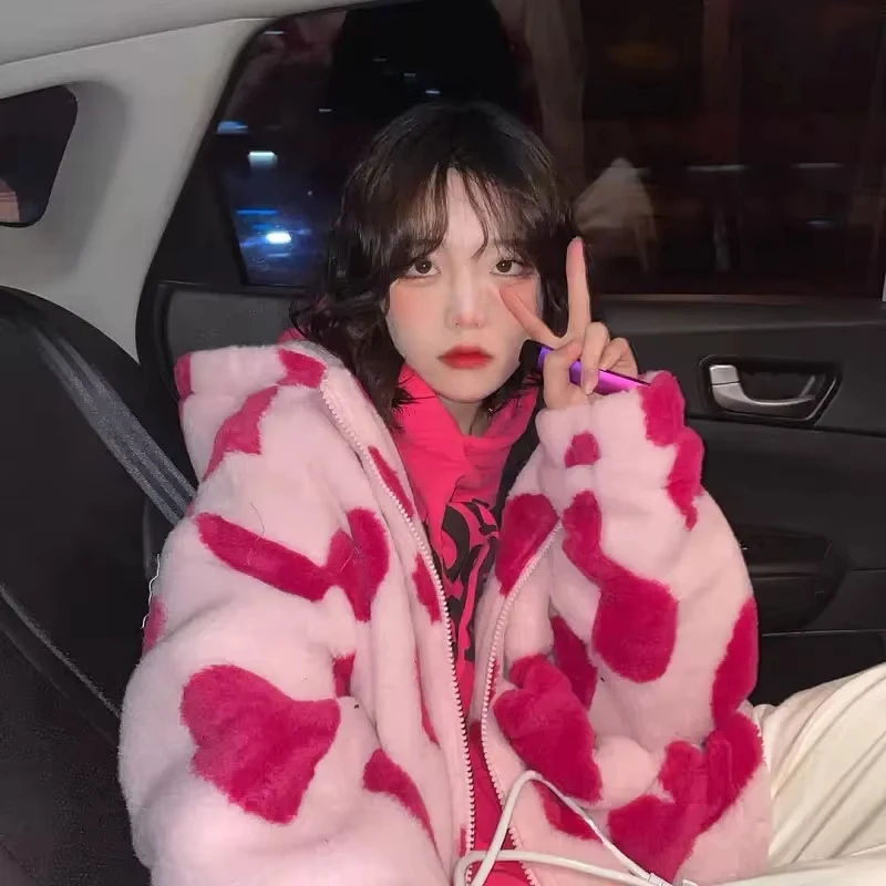 Y2K Iittle Bear  Teddy Print Plush Jacket Women Winter 2025 Female Korean Fluffy Hooded Coat Thick Warm Couple Streetwear Outerw