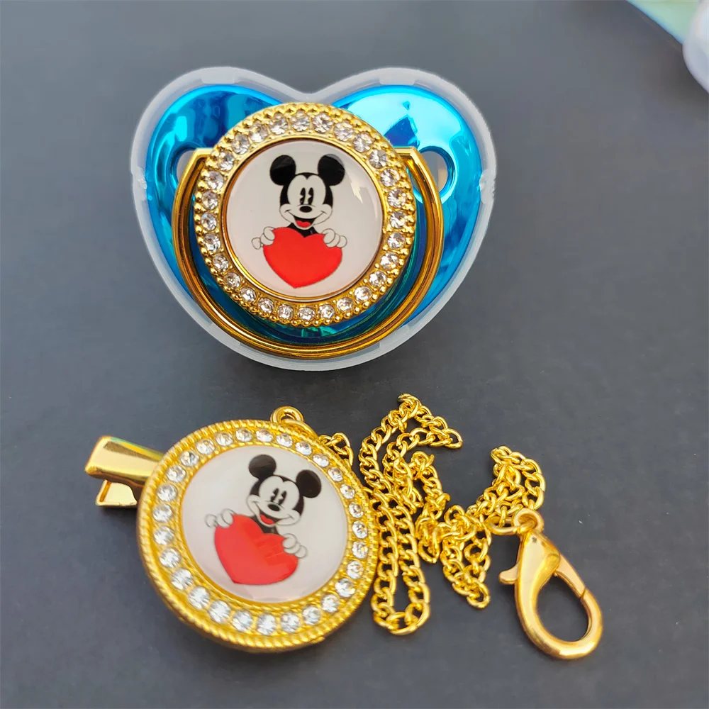 Mickey Minnie Mouse Daisy Duck Baby Dummy and Clips Luxury Silver Gold Orthodontic Baby Pacifier Toddler Infant Baby Pacifiers