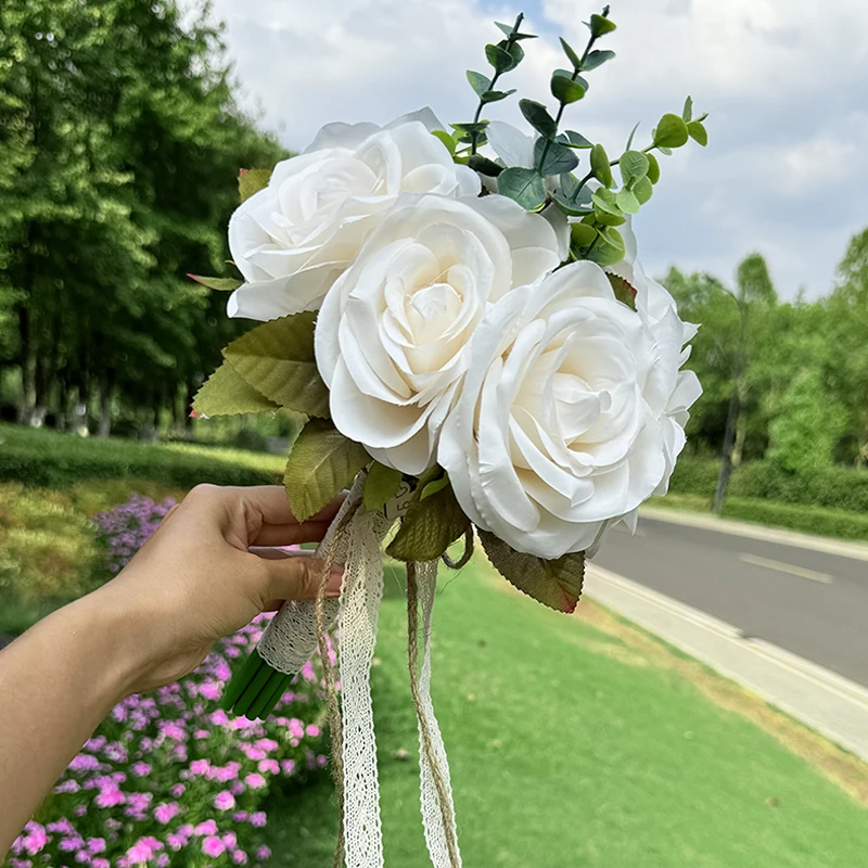 1PC Bride Bridesmaid Wedding LOVE Wooden Sign Bouquet White Artificial Rose Simulation Decorative Bow Tassel Bouquet