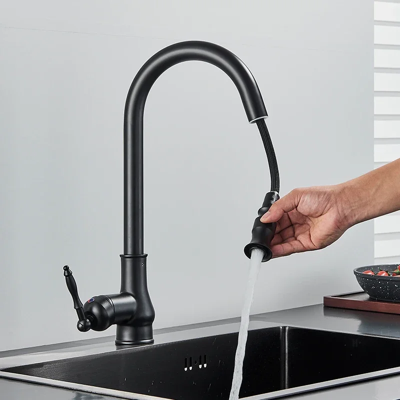 

Antique Brass Kitchen Faucet Pull Out Spout Kitchen Faucets Black Single Hole Swivel Hot Cold Water Kitchen Mixer Tap
