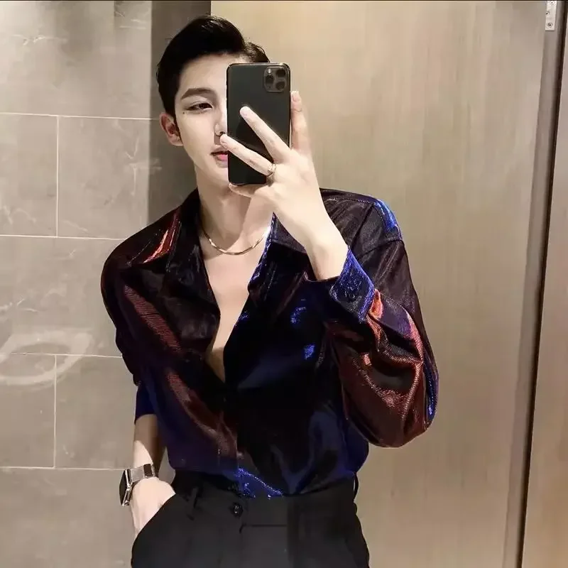 Male Shirts Original Shiny Oversize Men\'s Shirt Hip Hop Luxury Cheap Brand Designer Trendyol Cool Fashion Man 2024 Korean Style