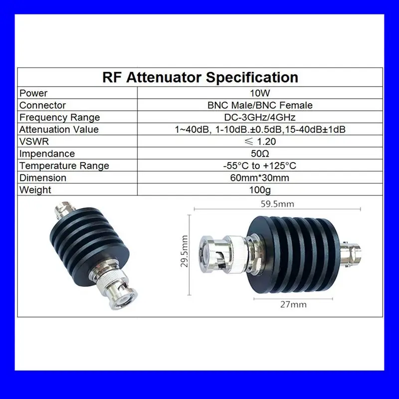 10W BNC-JK rf attenuator , DC-3GHZ/4GHZ ,50ohm 1db,2db.3db,5db,6db,10db,15db,20,30db 40db.