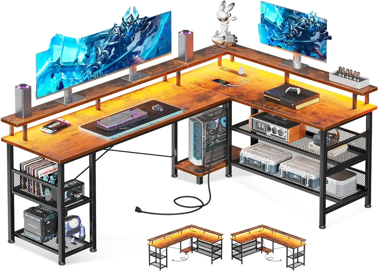 

ODK 59" L Shaped Gaming Desk with Power Outlet and LED Lights, PC Gaming Table with USB Ports, Reversible L Shape Desk