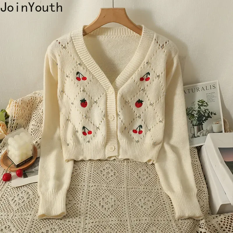 Cropped Cardigan Women Clothing Long Sleeve Knitted Thin Sweater Jackets Hollow Out V-neck Vintage Embroidery Tops Pull Femme