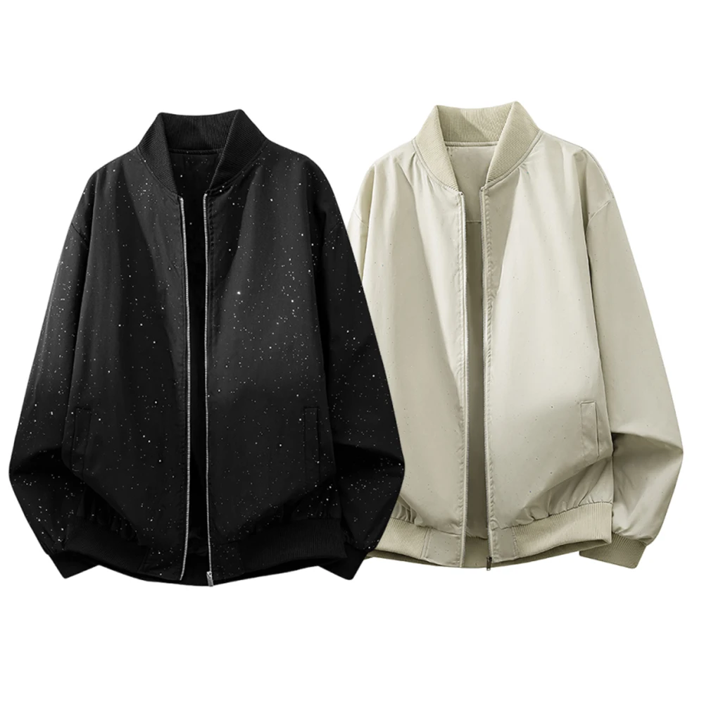 Giacca da uomo stampata con cerniera nera alla moda e a forma di stella, cappotto casual ampio retrò primaverile e autunnale, streetwear coreano