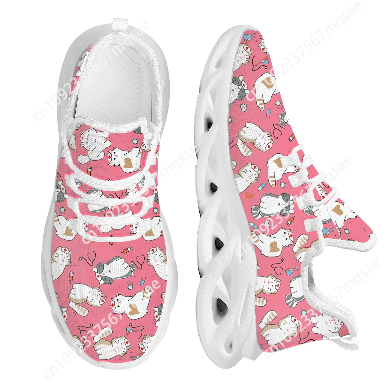 

Kwaii Nurse Cat Lady Shoes Cartoon Cat Print Thick Sole Blade Shoes Comfortable Lace Up Knitted Sneakers Pet Medical Shoes New