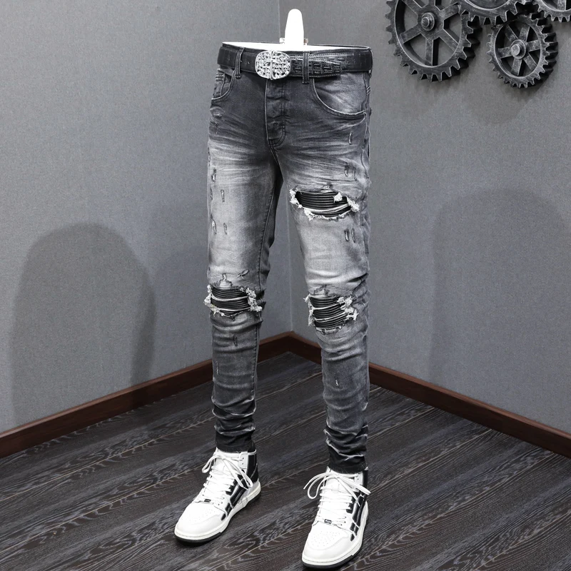 Y2K Designer Fashion New Men's Jeans Punched Black Leather Patch Washed Nostalgic Black Jeans High Street Hip Hop Brand Stretch