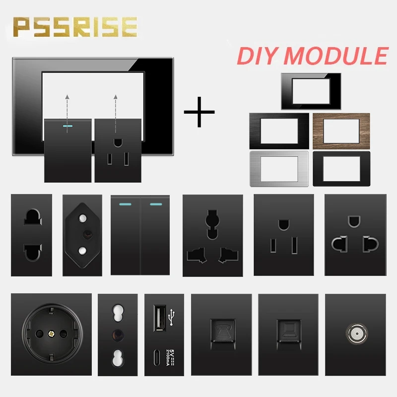 PSSRISE 118mm Brazil US EU Tempered Glass/PC Panel USB Type-C TV TEL Computer Parts Power Socket DIY Free Combination Outlet