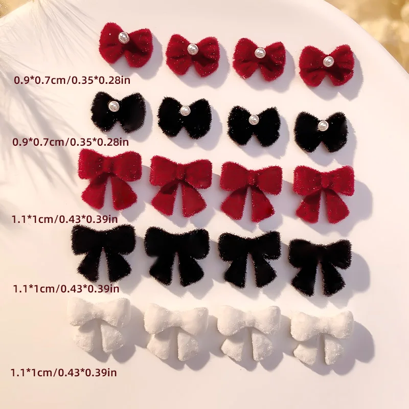 Red Plush Bow Tie Bowknot Ribbon Winter Nail Art Decorations DIY Manicure Accessories Sweet Luxury Decoration Black White