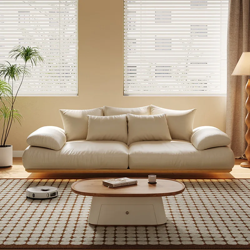 

# Sectional Style Solid Wood Sofa Genuine Leather Soft Light Natural Cream Sponge Filling Living Room