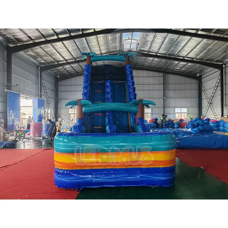 Commercial Grade Colorful PVC Tropical Blue Inflatable Water Slide with Pool Giant Palm Tree Slide for Backyard Party