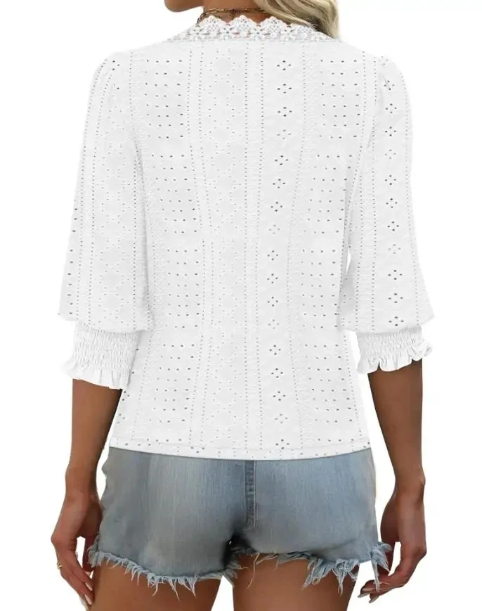 

New Fashion Women Blouses Deep V-Neck Contrast Lace Three Quarters Sleeves Tee Casual Shirred & Frill Hem Cuffs Breathable Top