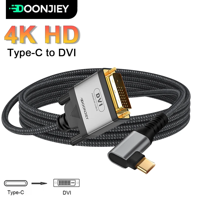 Elbow USB Type C To DVI Adapter Cable 4K 30Hz Type-C Male To DVI Male Video Converter Cable for Projector Laptop Monitor Wire