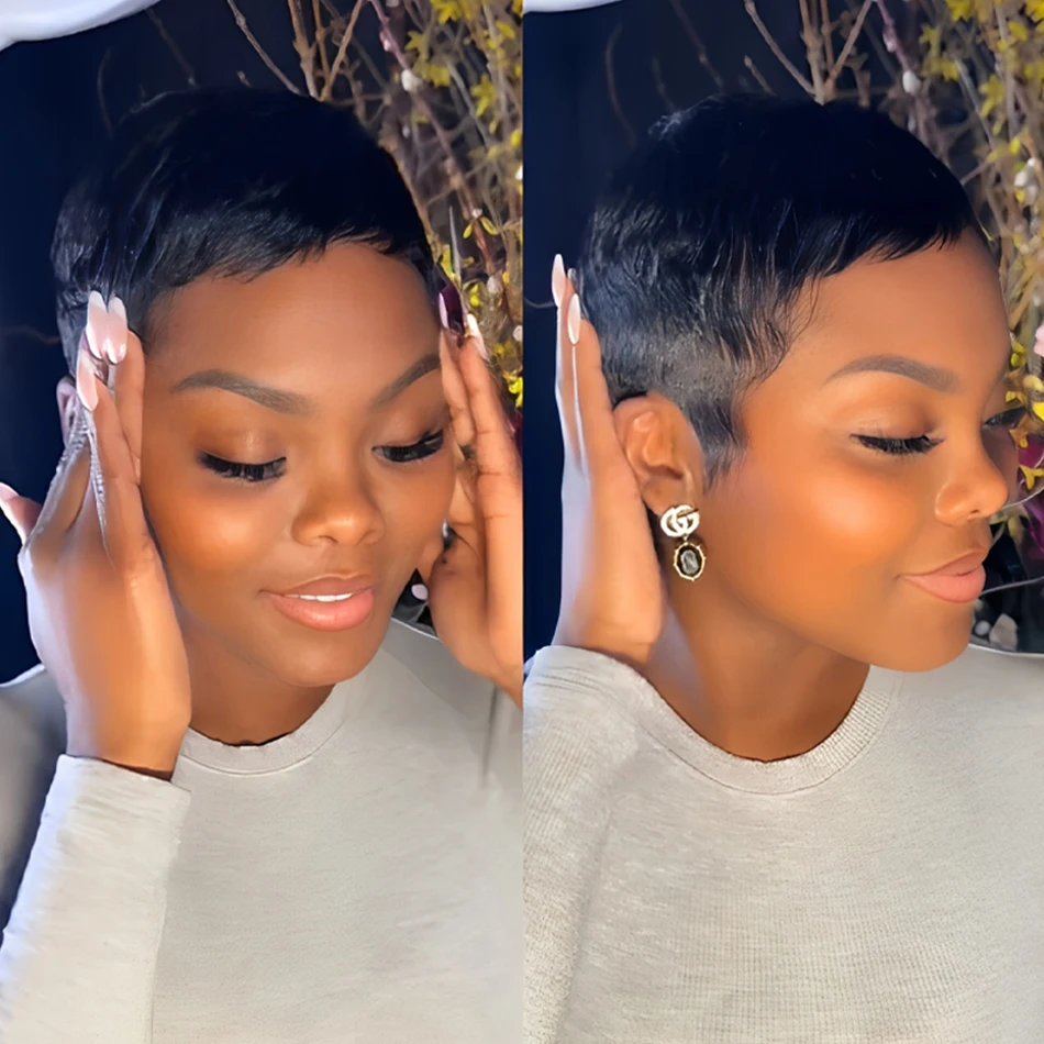 4인치 숏 픽시컷 가발 브라질산 버진 인모 기본 스타일 기계 제작 로즈 네트 캡 스트레이트 픽시 가발 인모 100%