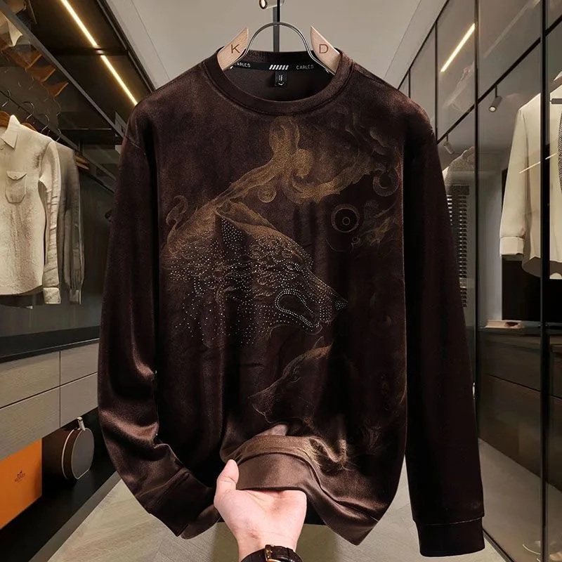 New Men's European Gold Velvet High-end Fashion Fall Sweater Men's Round Neck Slim Fit New Long Sleeve Base