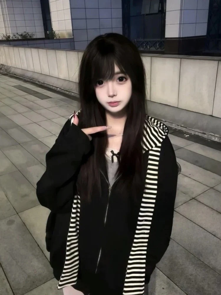 Felpe con cappuccio Harajuku da donna con patchwork a righe Kawaii Grunge Streetwear Felpa con cappuccio allentata casual Y2k Felpa con cerniera estetica Grunge