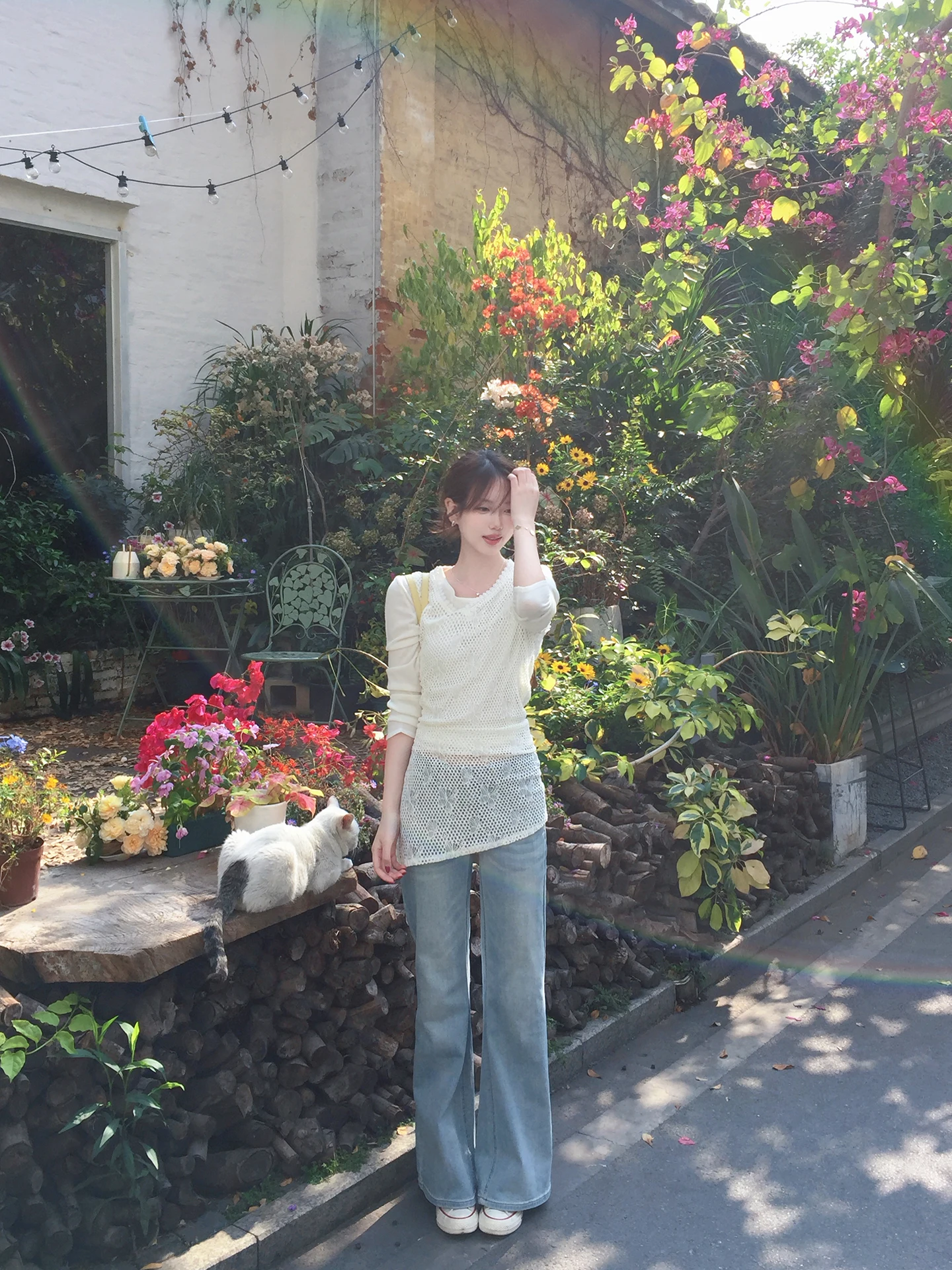 Slim Fit Long Sleeve T-Shirt Set Hollow out Design Women's Fashion Korean Style White Color Block Wild Strawberry Top