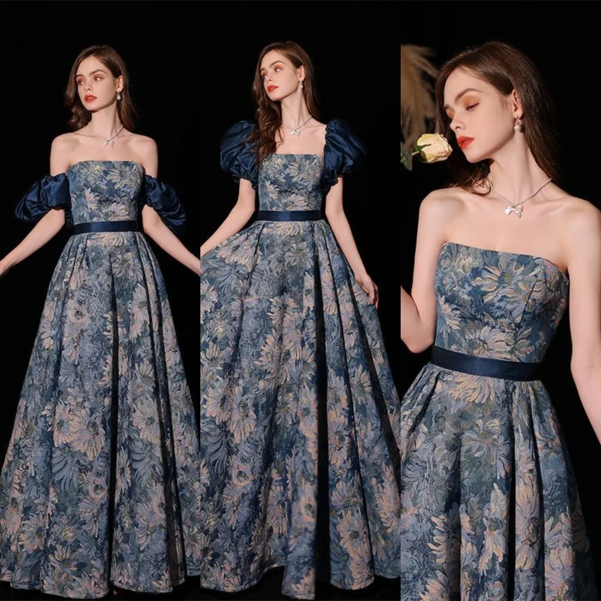100% Real Photo Prom Dress Blue Flower Pattern A Line Princess Party abito da sera con maniche staccabili Robe De mariee