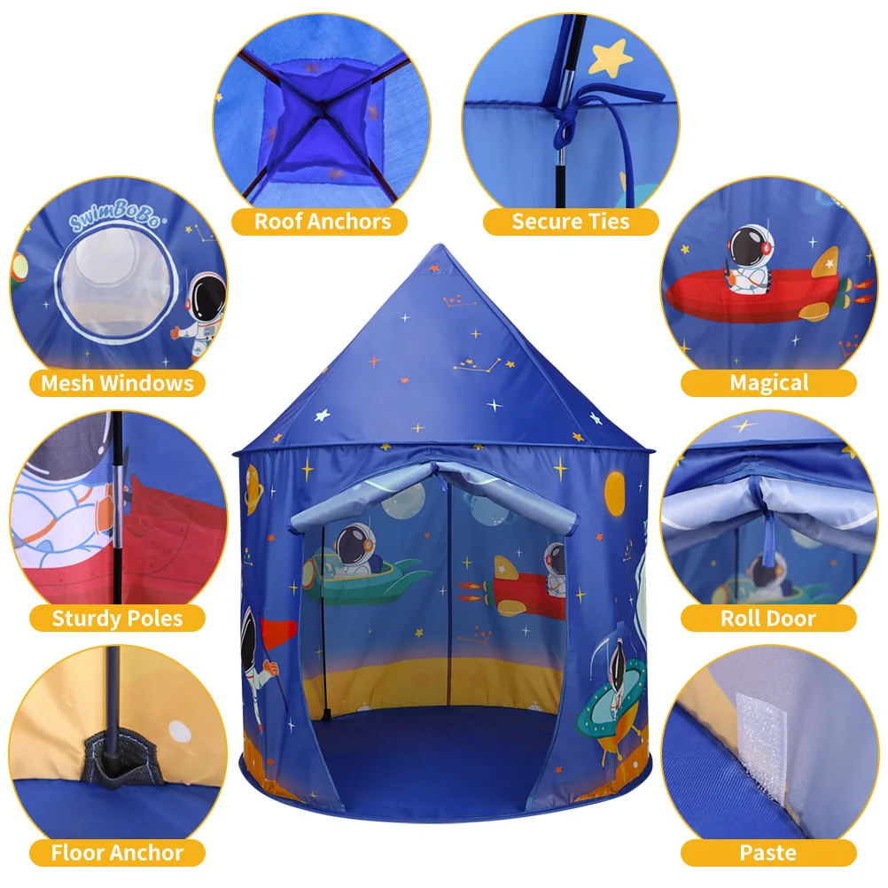 Kids Space Castle Play Tent, Astronaut Rocket Themed Playhouse, Indoor Outdoor Children Toy House for Boys Girls Game Room