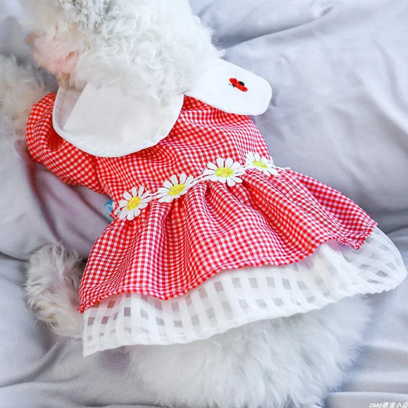 1PC Pet Apparel Dog Cat Red Plaid Ladybug Daisy Flower Lace Princess Dress Spring/Summer Thin Fit for Small and Medium sized Dog