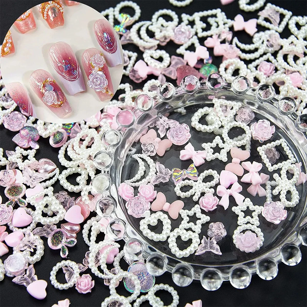 50 Stuks 3d Kawaii Roze Gemengde Ranbom Hars Nail Art Bedels Cartoon Roze Wit Nagel Steentjes Decoraties Diy Accessoires Benodigdheden