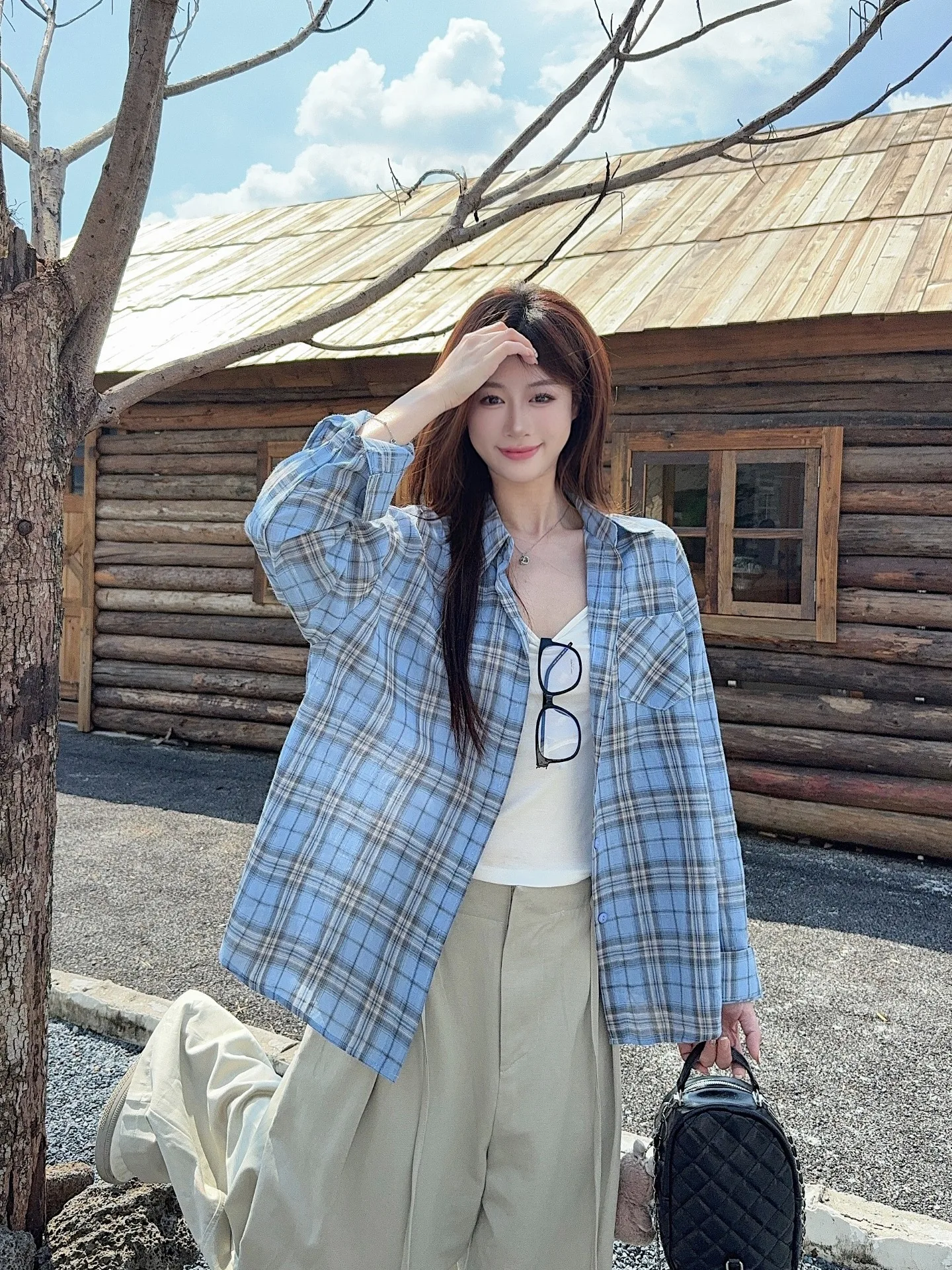 

Свободная женская рубашка в синюю клетку в корейском стиле, весенняя, с длинным рукавом, в клетку, в стиле lazy, американский ретро-дизайн