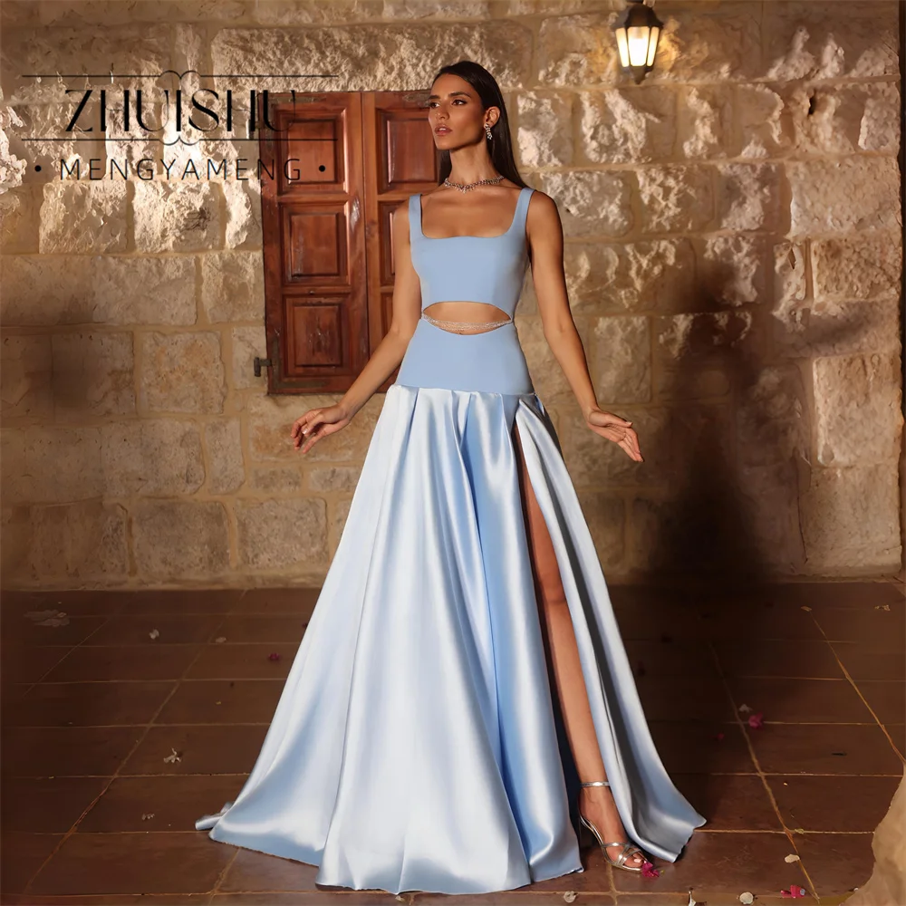 ZHUISHU Elegant Blue A-Line Evening Dress Square Collar Spaghetti Straps Pleat Formal Party Gowns Customized Vestido De Festa