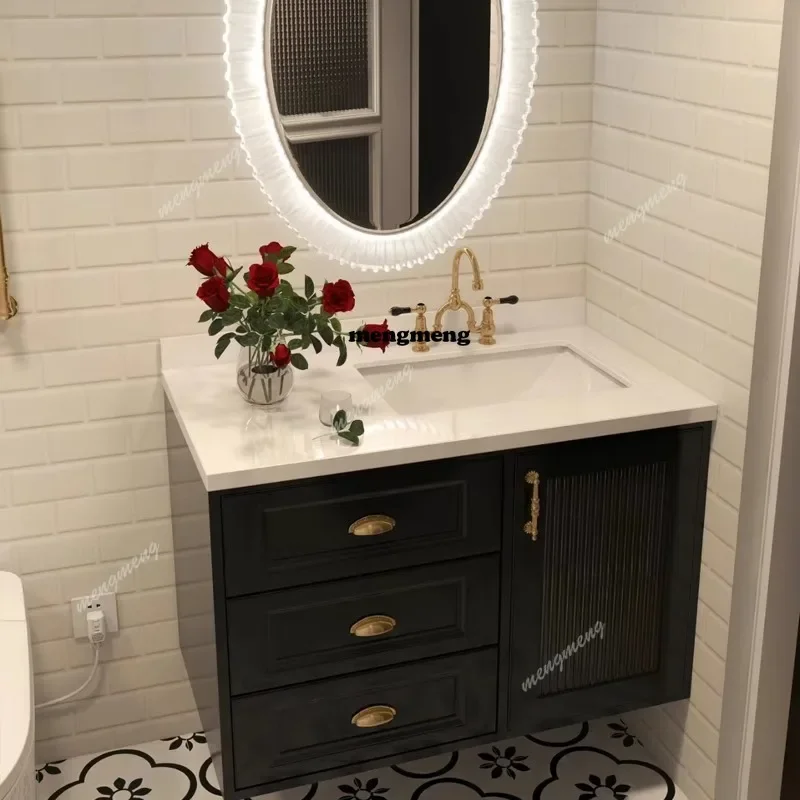 

New design Vintage Black Solid Wood Bathroom Cabinet with Smart Mirror Retro Washbasin Bathroom Vanity Cabinet with Sink Bathroo