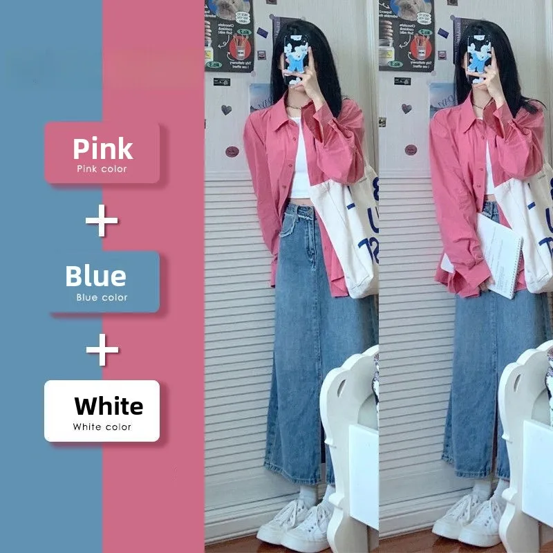 

Spring 2026 Pink Shirt Jacket Inner Slim Strap Casual Design Denim Skirt Three-piece Set Women's Fashion Ensemble