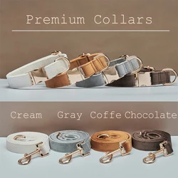 Multiple Colour Velvet Personalise Dog Collar Leash Set with Bow,Brown+Grey+White,Engraved Pet Name Plate Metal Buckle,Wedding P
