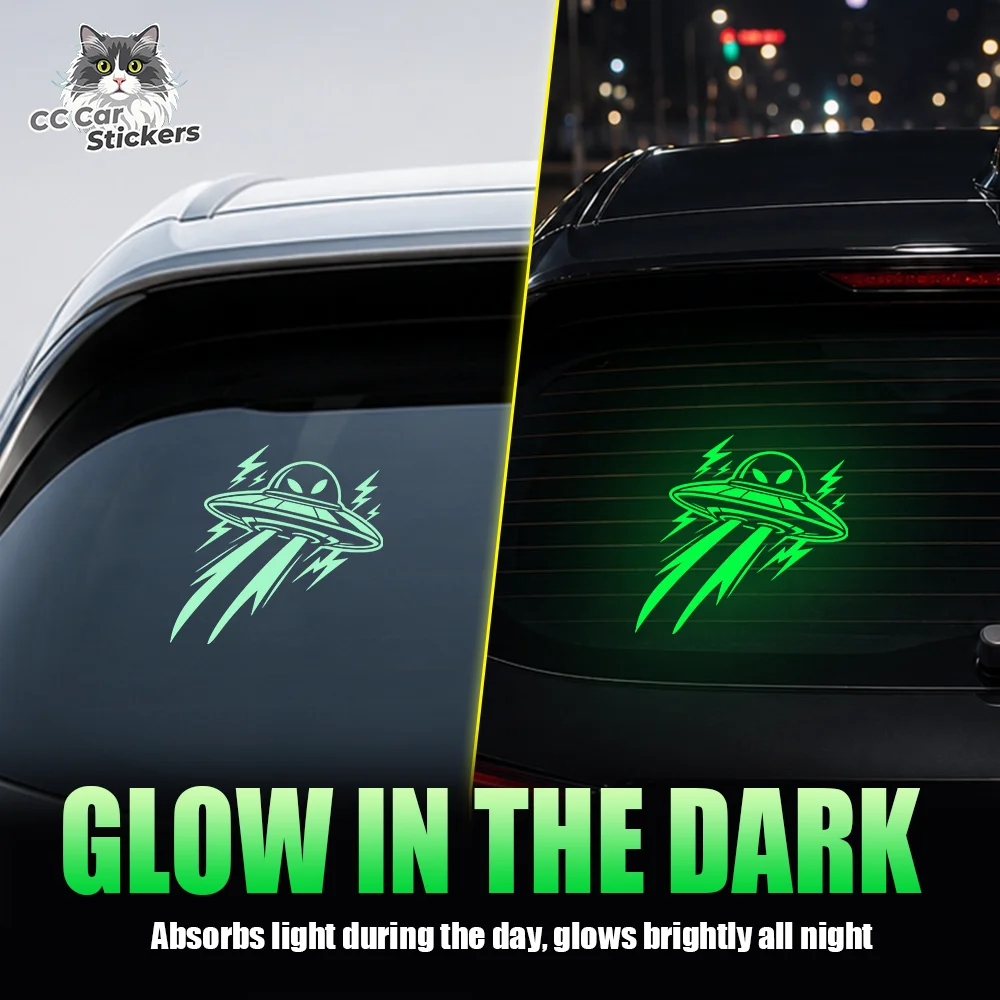 Alien Flying Saucer Glow in the Dark Car Sticker Luminous Vinyl Decal Waterproof Rear Window UFO Sci-Fi Auto Decor Accessory Set