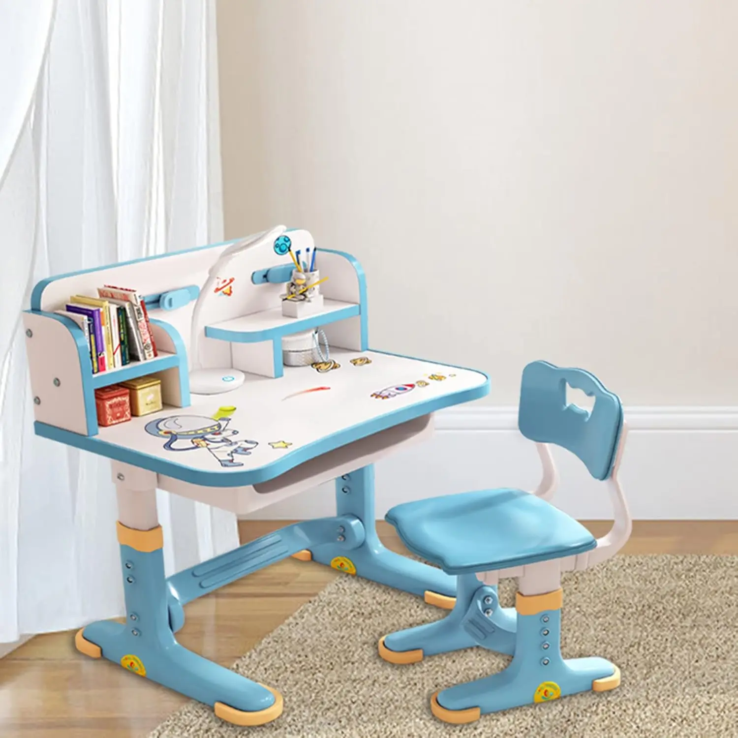 Desk, Standing Desk, Desk Chair Set, Widened Desktop Multi Separation Cartoon Pattern Desk Chair Set Kids Adjustable Heigh