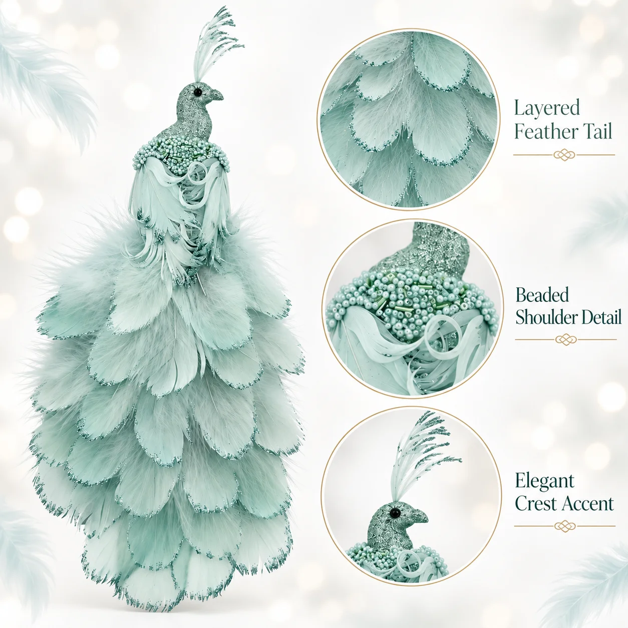 2 Pack Mint Green Feather Peacock Ornaments for Christmas Tree, Wreath & Floral Arrangements, Elegant Holiday Decorations