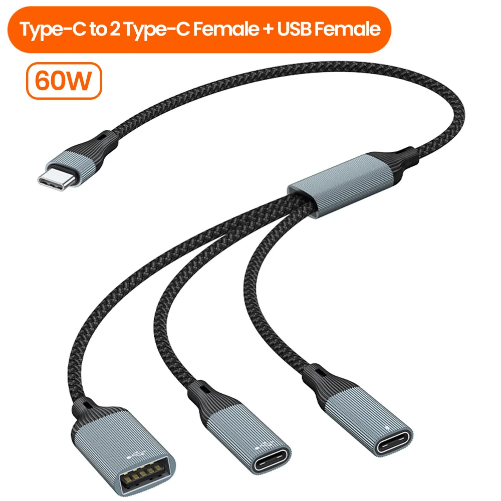 OLAF Typ C HUB PD 60 W Schnelllade-Multi-Port-Splitterkabel, USB-Stecker auf USB + TypC-Buchse, OTG-Adapter, Datenübertragungsstecker 6