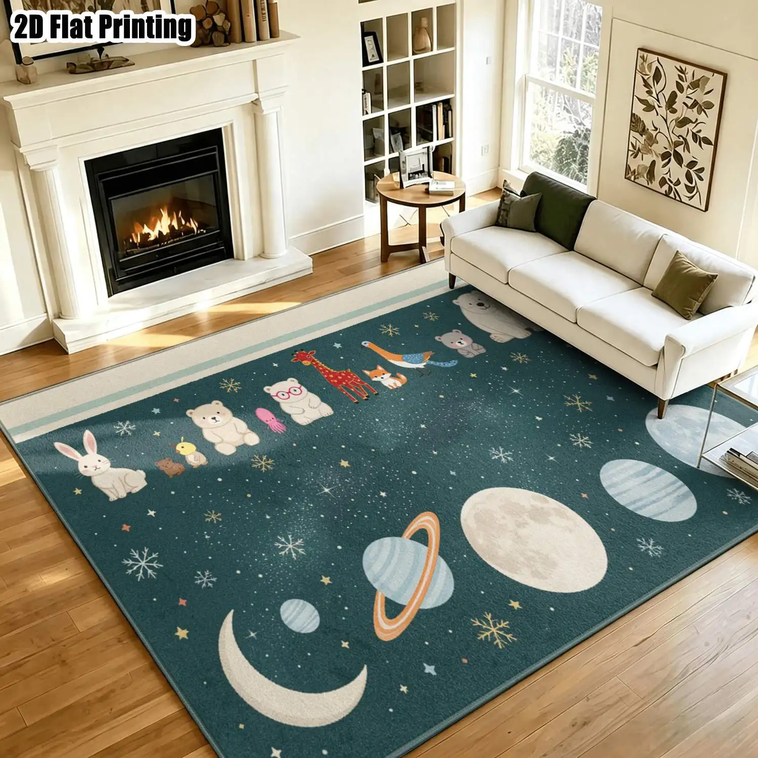 1Pc 2D Printed Carpet: Deep Blue Starry Sky & Animal Pattern Nordic, Instagram-Worthy, Modern Minimalist, European & Vintage Home Decor Mat. Multi-Size, Machine Washable, for Entryway, Dining Room, Foyer, Bedroom, Living Room.
