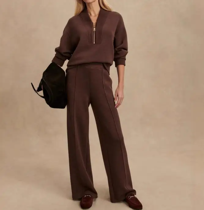 

Autumn 2025 Women's Minimalist Style Slim Fit 2-Piece Set with V-Neck Zipper Front Top and High Waisted Straight Leg Pants Set
