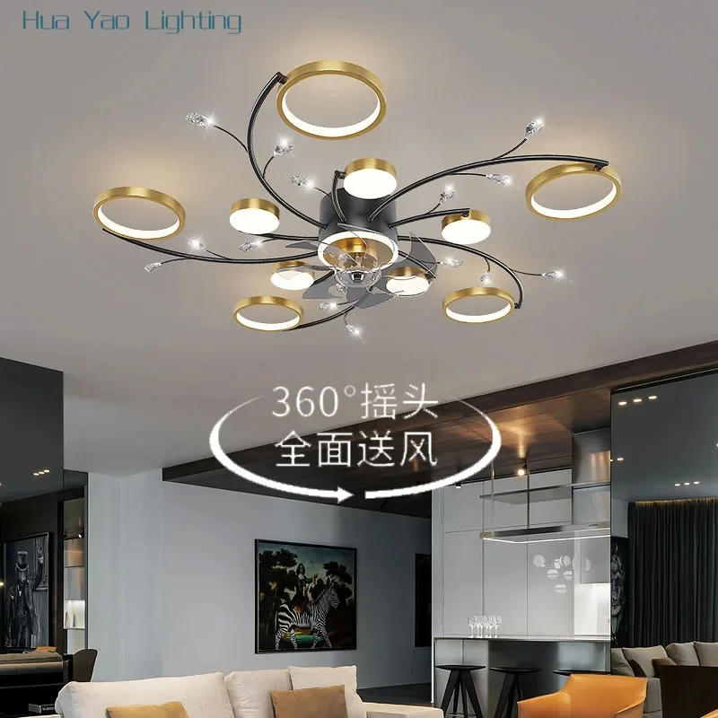 New living room fan ceiling lamp creative starry sky warm romantic individual elegant Dining Bedroom Silent electric fan lamps